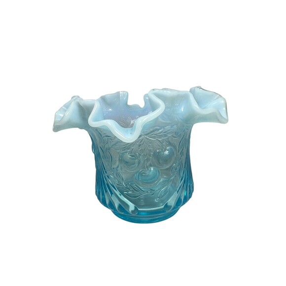 Vintage LG Wright Blue Glass Opalescent Raised Cherry Design Vase MCM 1960’s - Picture 6 of 11